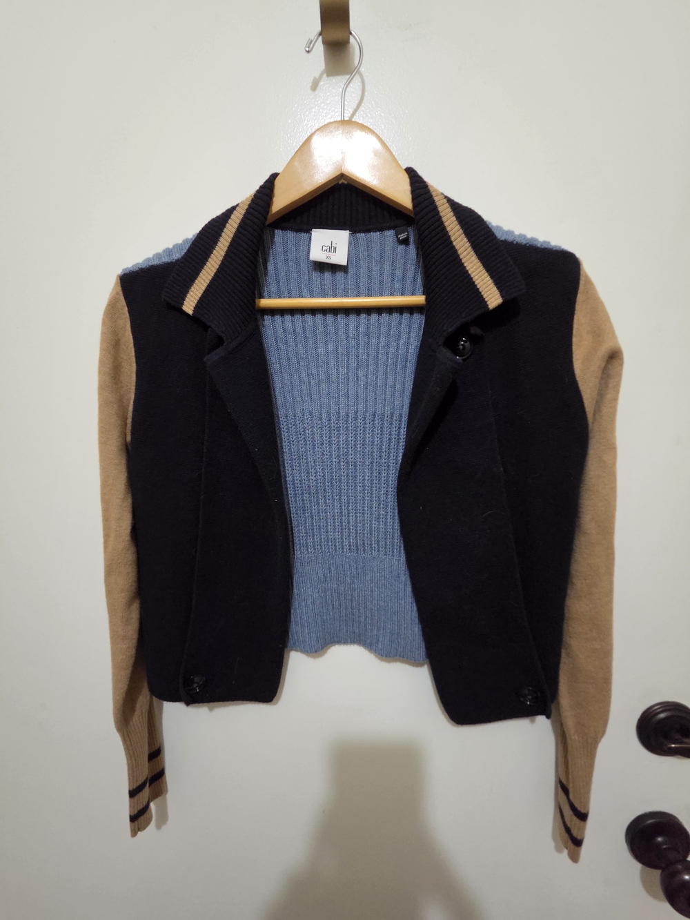 CAbi Colorblock Cropped Sweater Jacket in Dark Blue, Tan & Blue